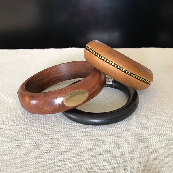 3 Vintage Wood Bangle Bracelets Brass Inlay Ebony Wood Bangle Brass India Boho Jewelry Unique 60s Jewelry 70s Hippie Boho Bracelet