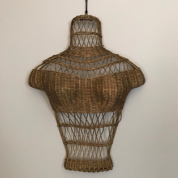vintage Rattan Body Form Woven Wicker Mannequin Women’s Chest Body Art Antique Women Torso Display Boutique Décor Mid Century Gold Wicker