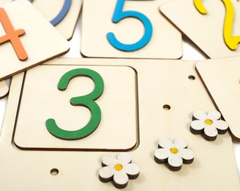 Wooden Counting Toy, Montessori Math Game with Flowers
