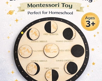 Wooden Moon Phases Puzzle, Montessori Learning Toy, Space Astronomy Gift for Kids, Homeschool Material