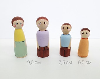Family Peg Dolls, Pastel colours family set, Custom peg people