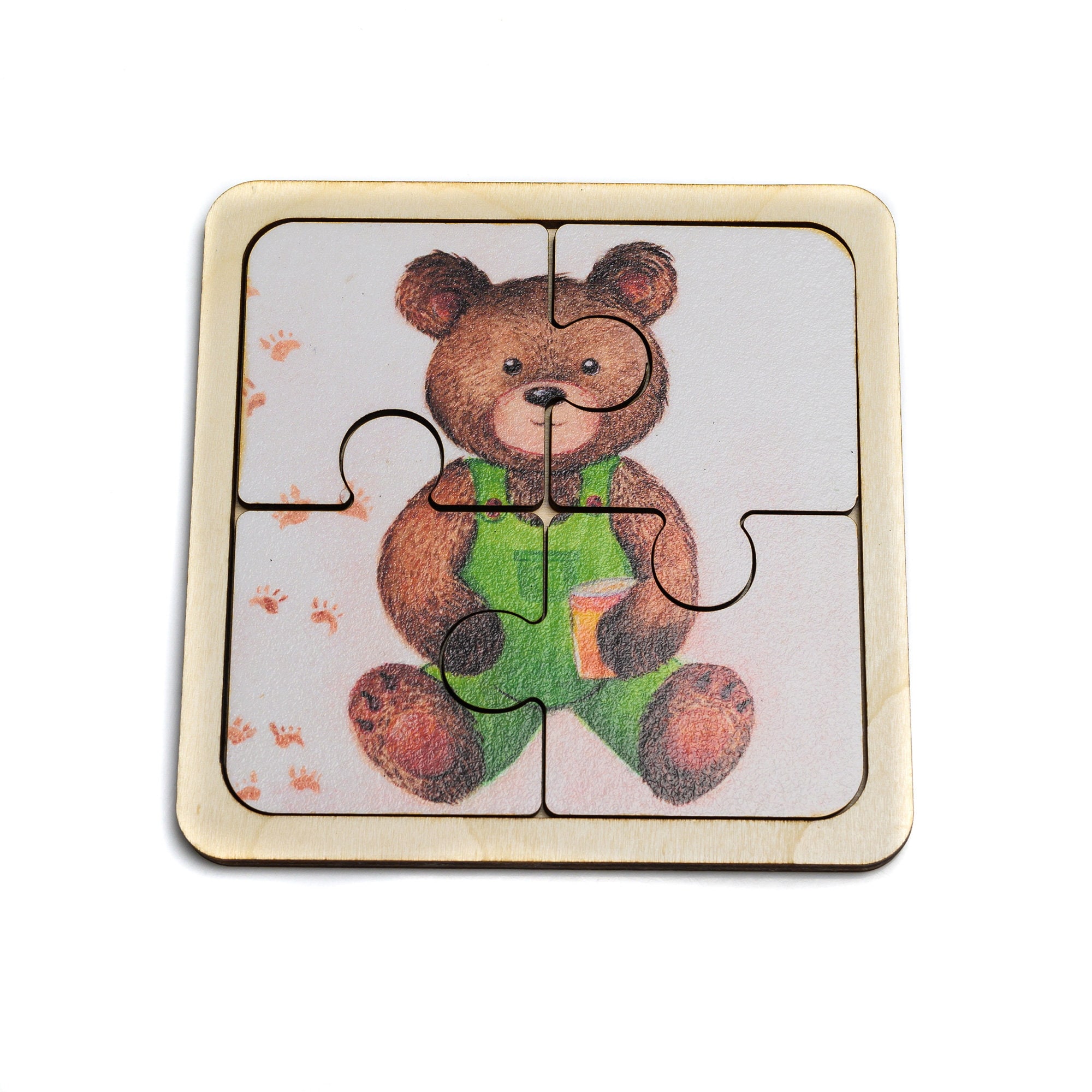 Teddy Bear Wooden Puzzle – Large 4-piece First Puzzle for Toddlers