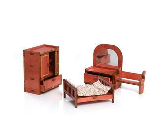 Juego de muebles para dormitorio de casa de muñecas: juguete de madera en miniatura para niños.