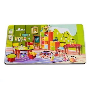 May include: A colorful wooden puzzle featuring a classroom scene with a desk, chairs, a bookshelf, a chalkboard, and other objects. The puzzle pieces are shaped like the objects in the scene. The puzzle is designed for children to learn about different objects and shapes.