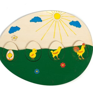 Life cycle of а chicken puzzle, Natural material, Wooden puzzle, Montessori education image 1