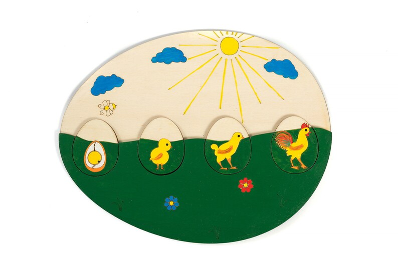 Life cycle of а chicken puzzle, Natural material, Wooden puzzle, Montessori education image 1