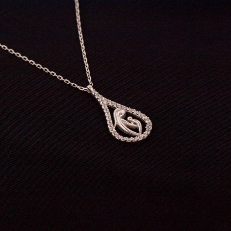 Handmade Delicate Necklace Drop Into Mother and Child Silver Necklace for Women Zircon Stone NUR-4232 Dainty Necklace Tiny Necklace
