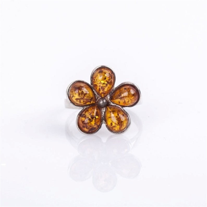 Silver ring with drop Amber stone,Flower Rings,Natural Amber Ring,Adjustable ring,Amber Flower Ring,Vintage Ring,Honey Amber,NUR-3834