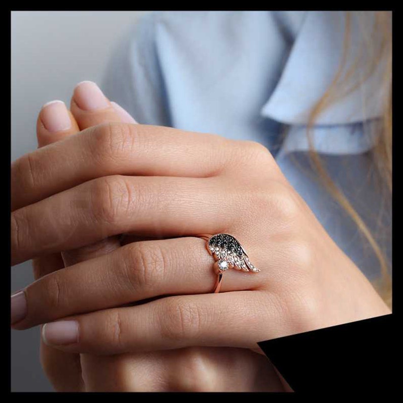 Dainty Womens Ring,Handmade Angel Wing Rose Silver Ring,Zircon Small Diamond Ring,Raw Gemstone Ring,Simple Wedding Rings,Best Friend Rings