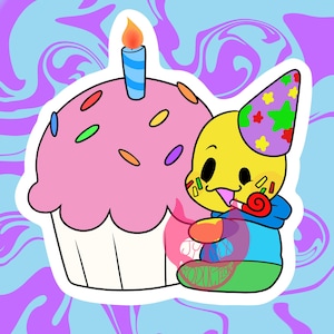 May include: A sticker featuring a large pink cupcake with a single blue candle and colorful sprinkles next to a yellow character wearing a purple party hat with star patterns, a blue hoodie, and green pants, holding a red party blower.