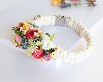 Macrame dog collar with a faux dried flower corsage, in pink, dusty blue, cream, dark sage, and apricot for a boho wedding.