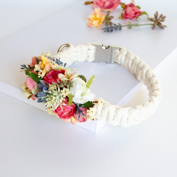 Macrame dog collar with a faux dried flower corsage, in pink, dusty blue, cream, dark sage, and apricot for a boho wedding.