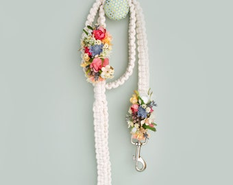 Macrame dog leash with 2 faux dried flower corsage, in pink, dusty blue, cream, dark sage, and apricot for a boho wedding.