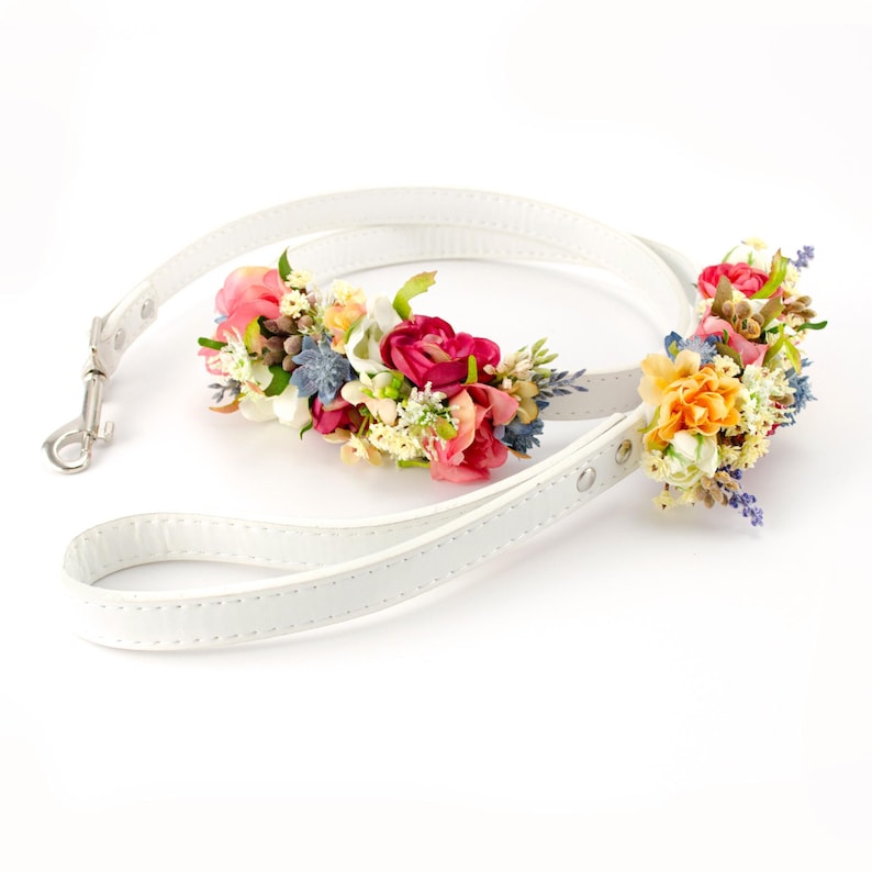 Colourful wedding dog leash with boho style faux dried flowers for a dog of honour or ring holder. Gift for bride image 5