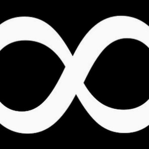 May include: A white infinity symbol on a black background. The symbol is a continuous loop, representing the concept of endlessness or eternity. The design is simple and graphic.