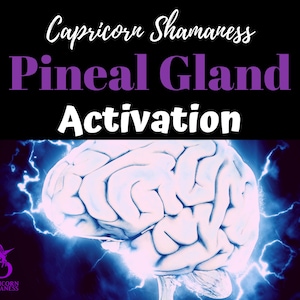 May include: A digital graphic with the text "Capricorn Shamaness Pineal Gland Activation" in white and purple. A stylized brain illustration is overlaid on a blue and black background with lightning bolts.