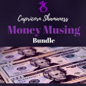 Puede incluir: Imagen con billetes de veinte dólares y el texto "Capricorn Shamaness Money Musing Bundle" en blanco y morado. Los billetes están enfocados, con el retrato de Andrew Jackson visible.
