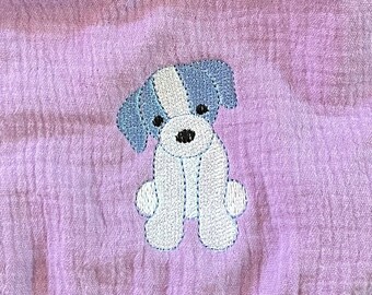 Blue and White Puppy Embroidered Baby Bib