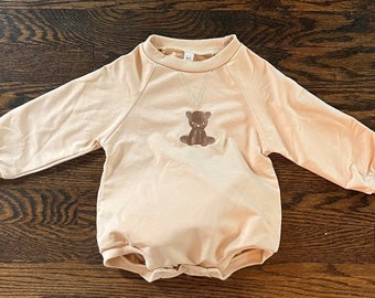 Light Brown Romper Sweatshirt with Dark Brown Embroidered Teddy Brown