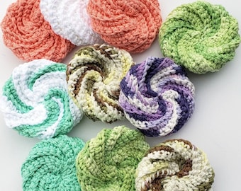 Cotton spiral scrubbies, double thick puffy face scrubbies, eco-friendly kitchen scour pads, reusable cleaning scrubby