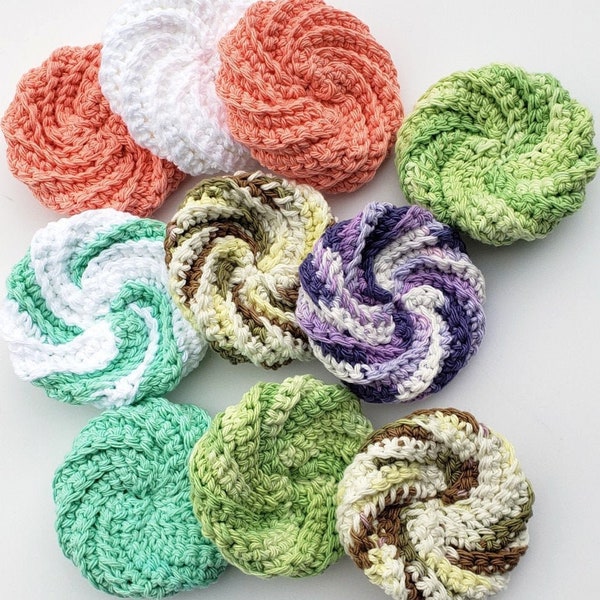 Cotton spiral scrubbies, crochet kitchen scrubbies, double thick puffy face scrubbies, eco-friendly scour pads, reusable cleaning scrubby