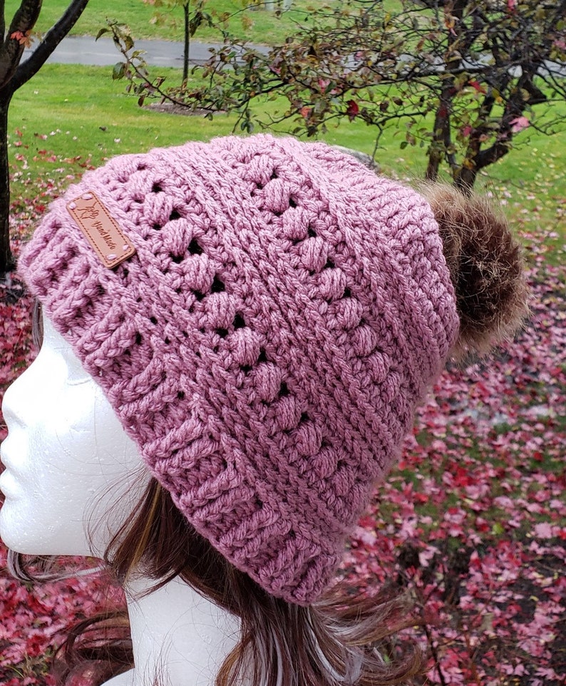 ladies slouch rose pink hat Women/'s crochet hat with faux fur pom pom Christmas gift warm fashion hat textured hat,birthday gift for her