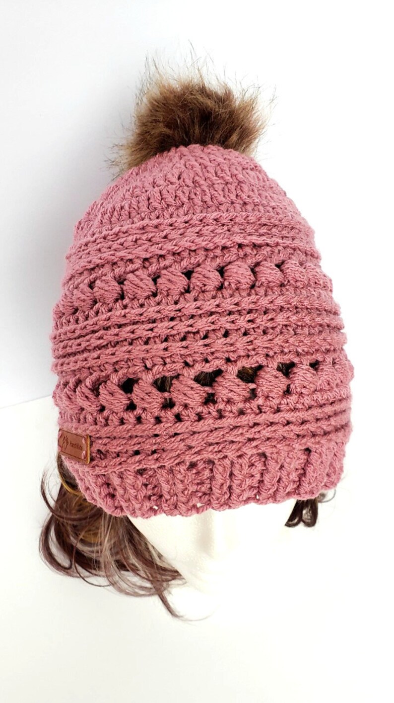 ladies slouch rose pink hat Women/'s crochet hat with faux fur pom pom Christmas gift warm fashion hat textured hat,birthday gift for her