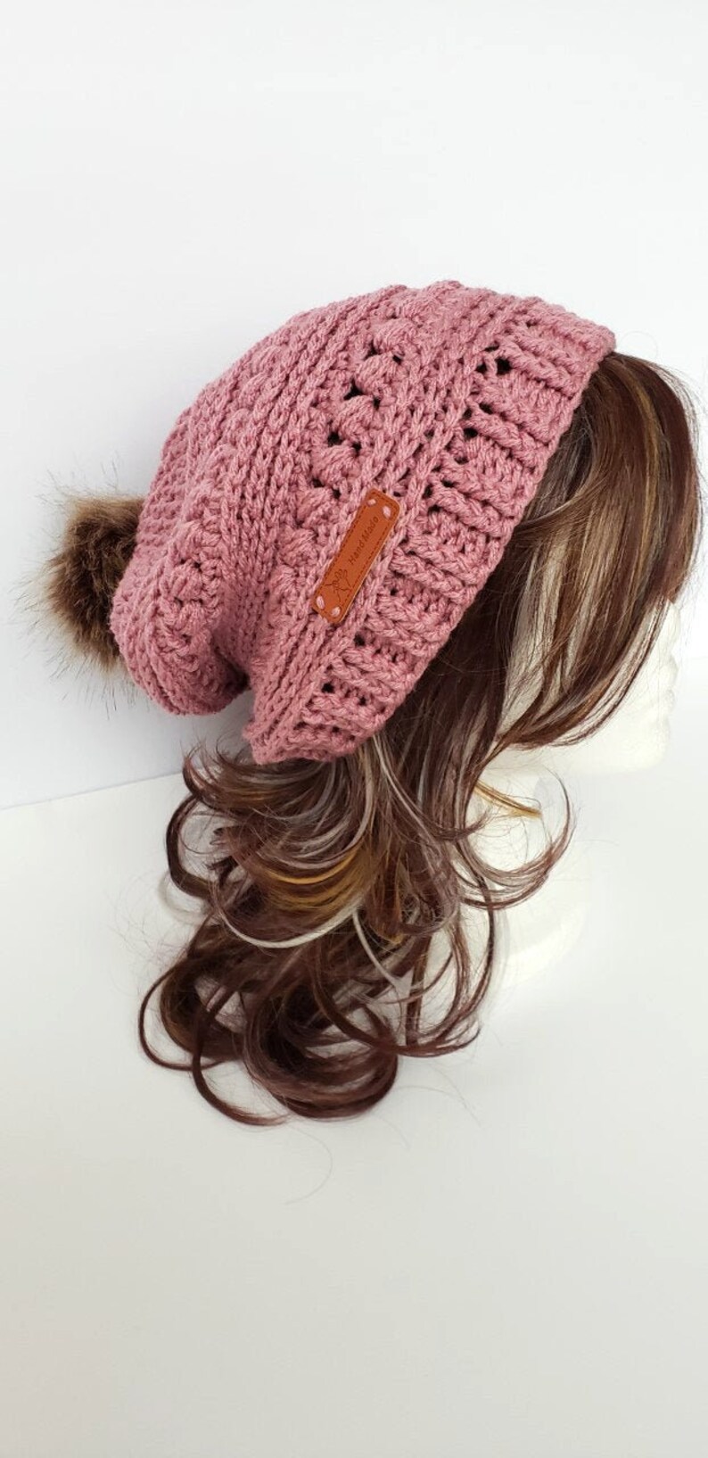 ladies slouch rose pink hat Women/'s crochet hat with faux fur pom pom Christmas gift warm fashion hat textured hat,birthday gift for her