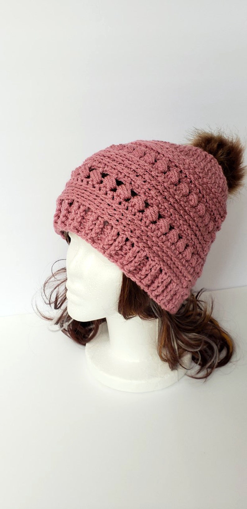 ladies slouch rose pink hat Women/'s crochet hat with faux fur pom pom Christmas gift warm fashion hat textured hat,birthday gift for her