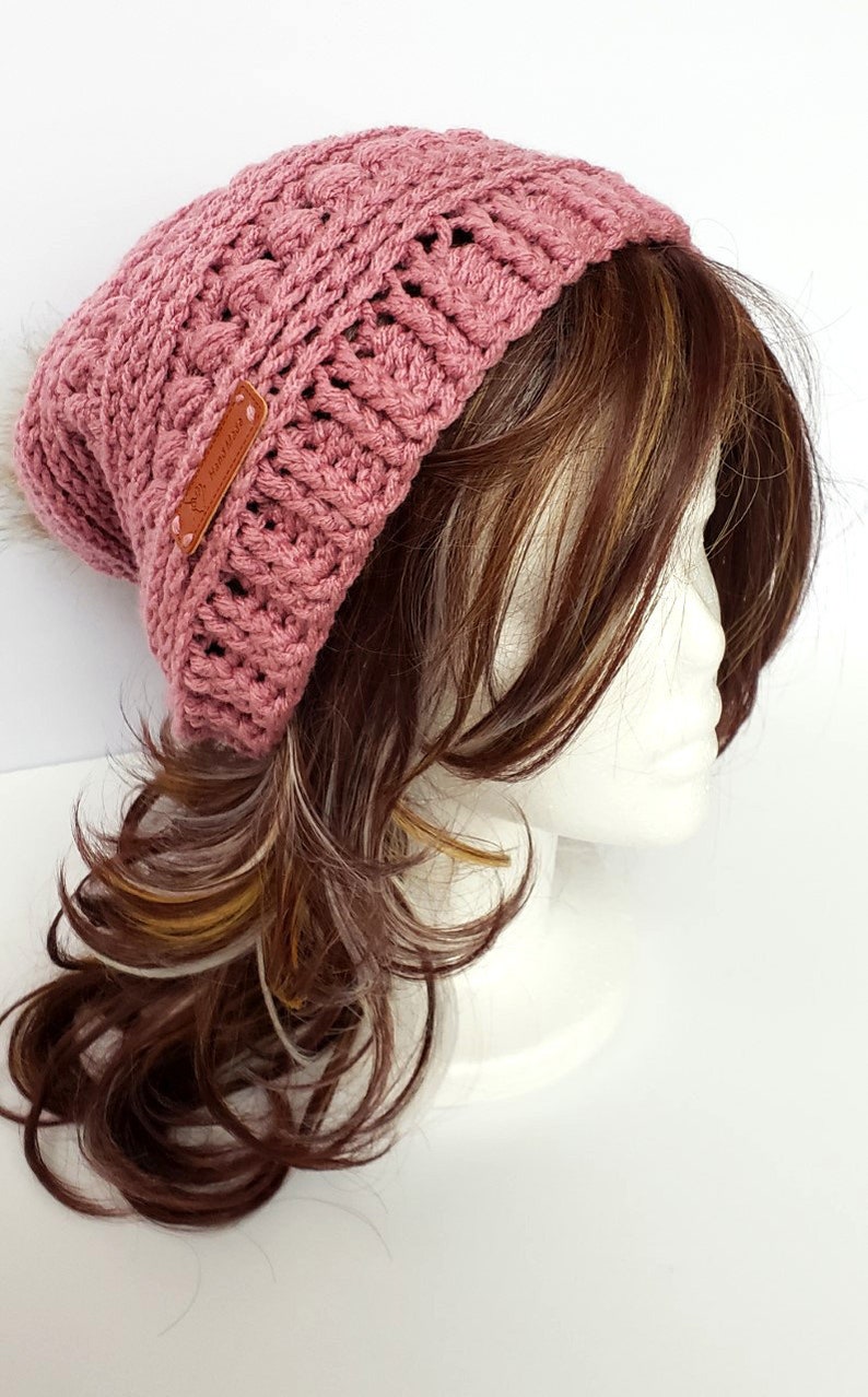 ladies slouch rose pink hat Women/'s crochet hat with faux fur pom pom Christmas gift warm fashion hat textured hat,birthday gift for her