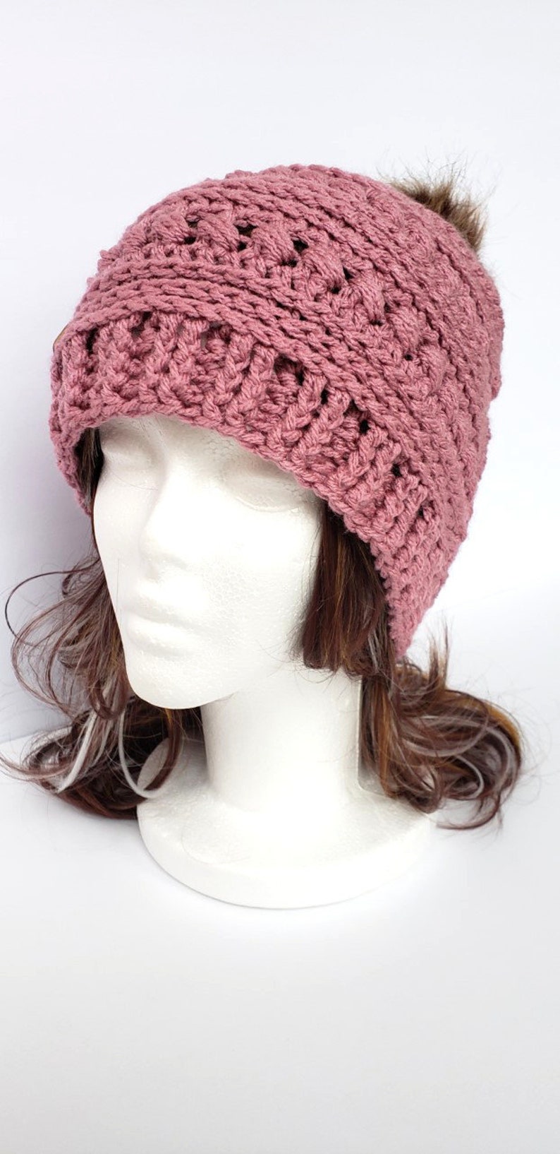 ladies slouch rose pink hat Women/'s crochet hat with faux fur pom pom Christmas gift warm fashion hat textured hat,birthday gift for her