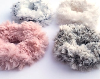 Faux fur scrunchies, soft fluffy hair ties, furry scrunchies, stocking stuffers, retro style hair bands, cute fashion accessory, kids gifts