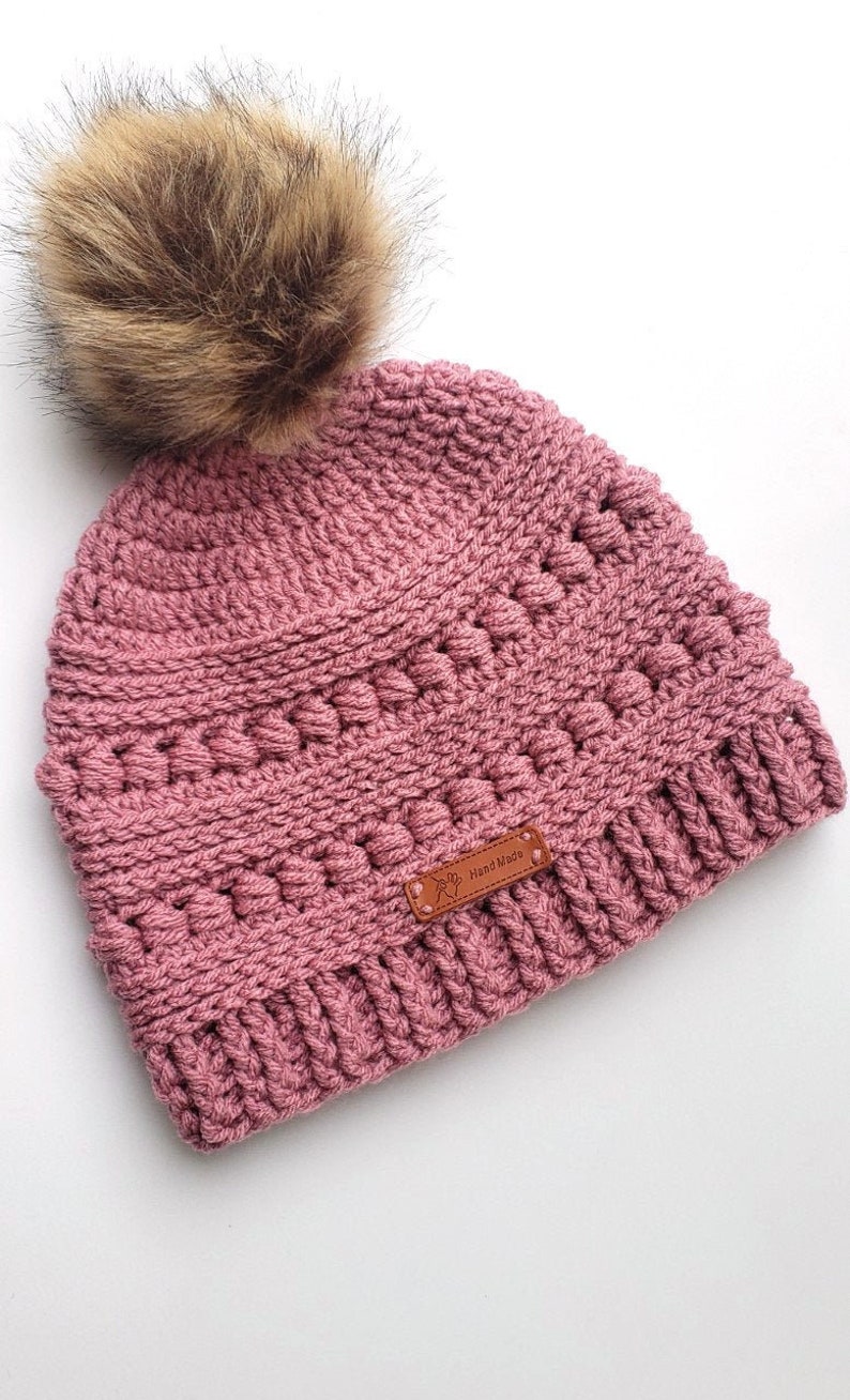 ladies slouch rose pink hat Women/'s crochet hat with faux fur pom pom Christmas gift warm fashion hat textured hat,birthday gift for her