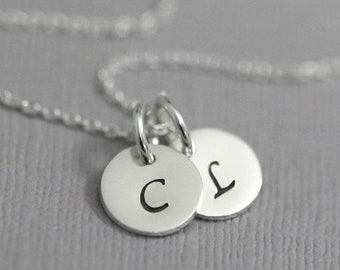 Double Initial Necklace, Hand Stamped Sterling Silver Initial Necklace, Personalized Sterling Silver Necklace