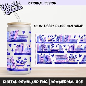 Book Lovers Bookshelf 16oz Libbey Glass Cup Wrap PNG Design | Bookish can glass wrap | Small Business Commercial Use
