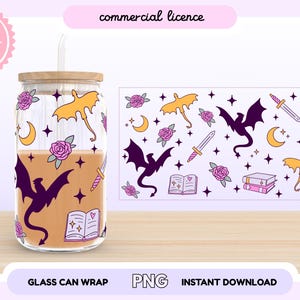 Bookish Romantasy Dragons 16oz Libbey Glass Cup Wrap PNG Design | Fantasy Dragon Girly can glass wrap | Dragons and books | DIGITAL DOWNLOAD
