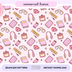 Bookish Girlie Pink Seamless Pattern PNG | Bookish Repeating Pattern | Book Lover Digital Paper PNG |Small Business Commercial Use