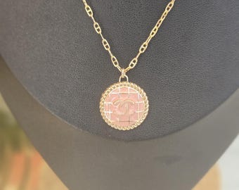 Vintage 1990s Pink Crosshatch designer button on 14kt Gold-Filled Mariner Chain
