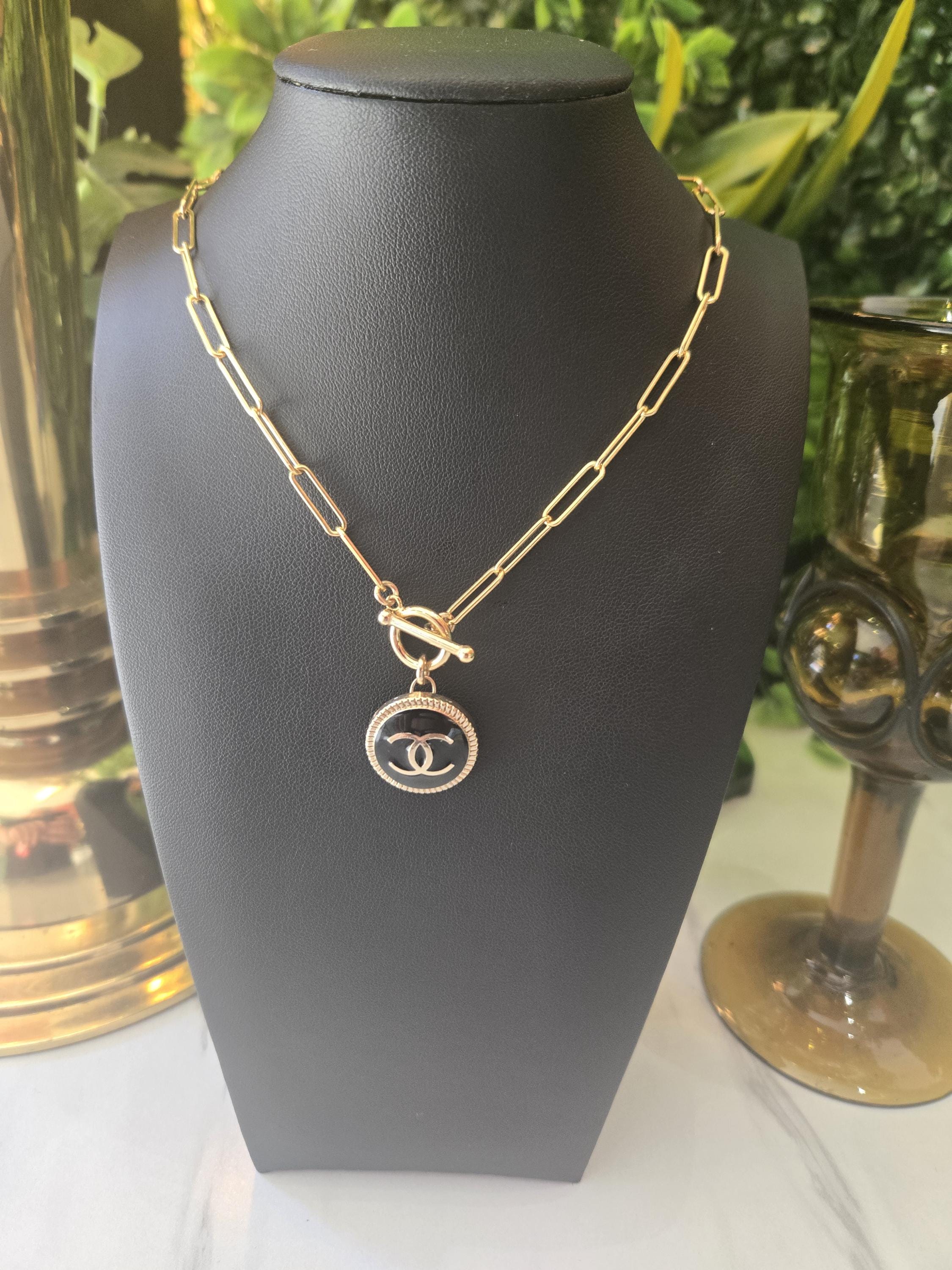 Vintage 1990s Black designer button on 14kt Gold Filled Paperclip Toggle Chain