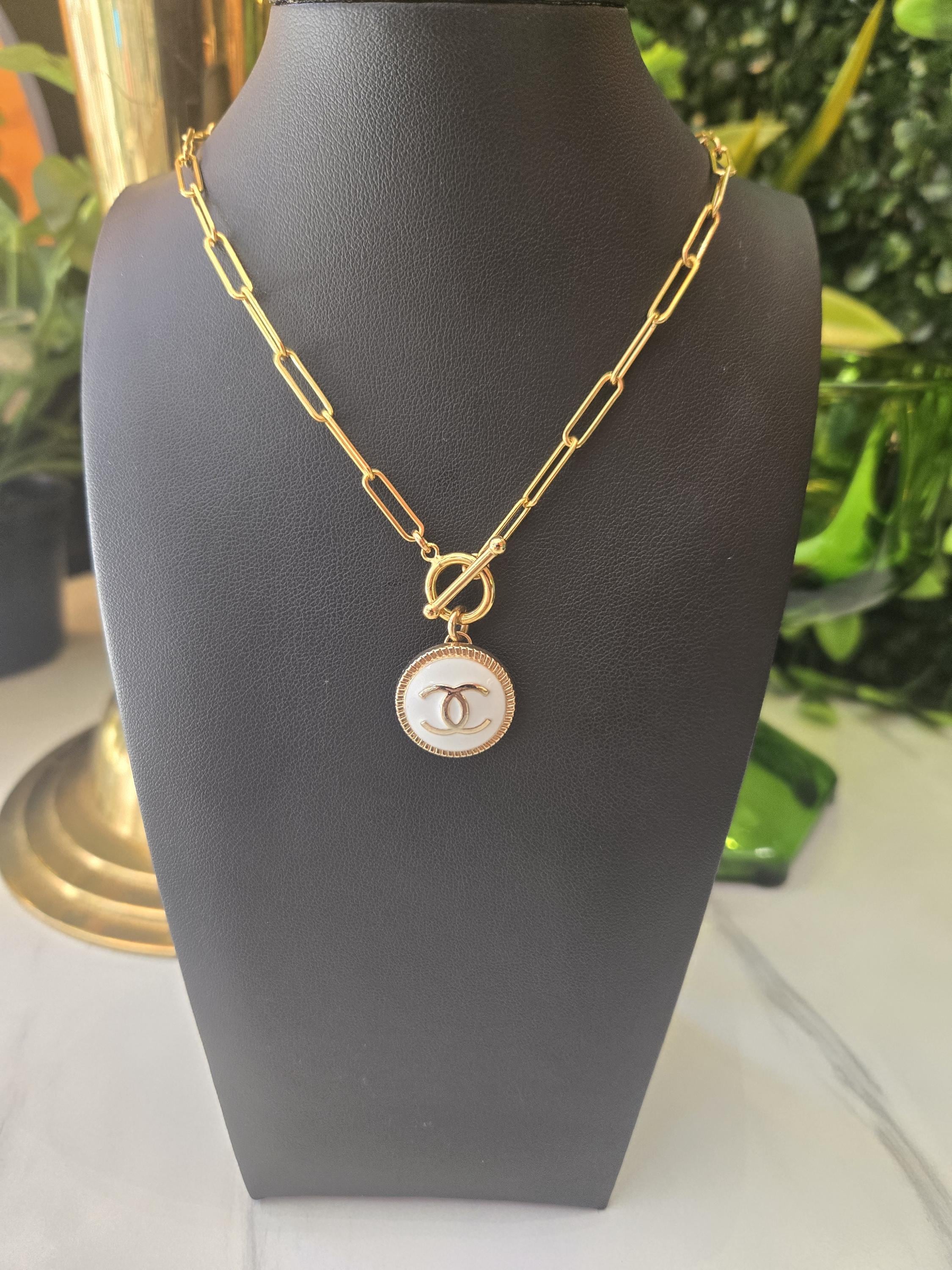 Vintage 1990s designer button on 14kt Gold Filled Paper Clip Chain
