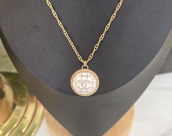 Vintage 1990s White Crosshatch designer button on 14kt Gold-Filled Mariner Chain