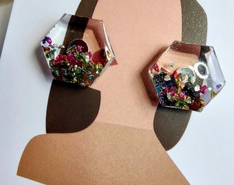 Confetti resin stud earrings, clip on, gold foil, small earrings, clear, post back, fall earrings, resin jewelry, hexagon shape, women