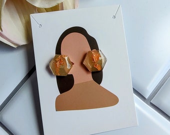 White Wine resin stud earrings, clip on, gold foil, small earrings, orange, post back, fall earrings, resin jewelry, hexagon shape, women