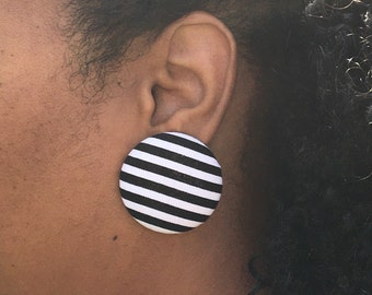 Janelle Button Earrings, striped fabric, fabric earrings, black, white, clip on, post back, stud, large round earring