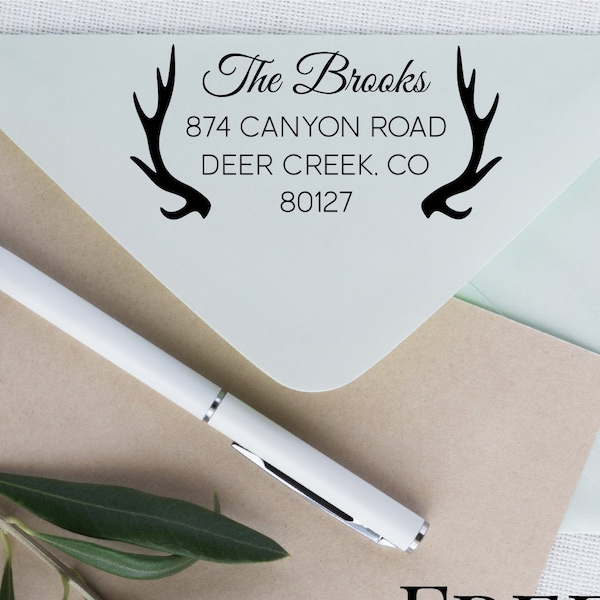 Custom Return Address Stamp With Antlers, Antler Address Stamp Rustic, Antler Stamp Address Self Ink, Return Label Stamp Custom, 3.00 X 1.50