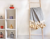 Moroccan Cotton Blanket With Wool Long Tassels, handwoven on traditional wooden looms. BLKT010