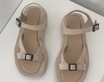 Handmade) women suede leather sandals geri shoes ankle strap minimalist row platform fisherman