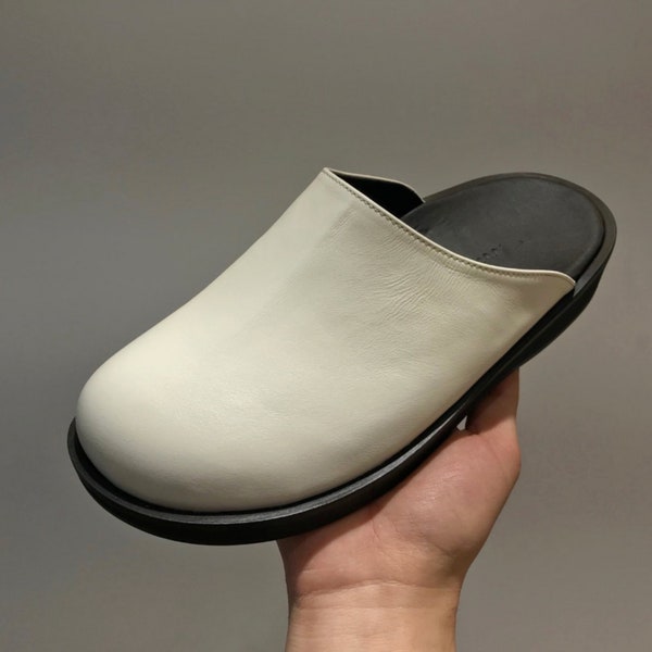 handmade] men row sabot leather round toe mule slide babouche sandals minimalist