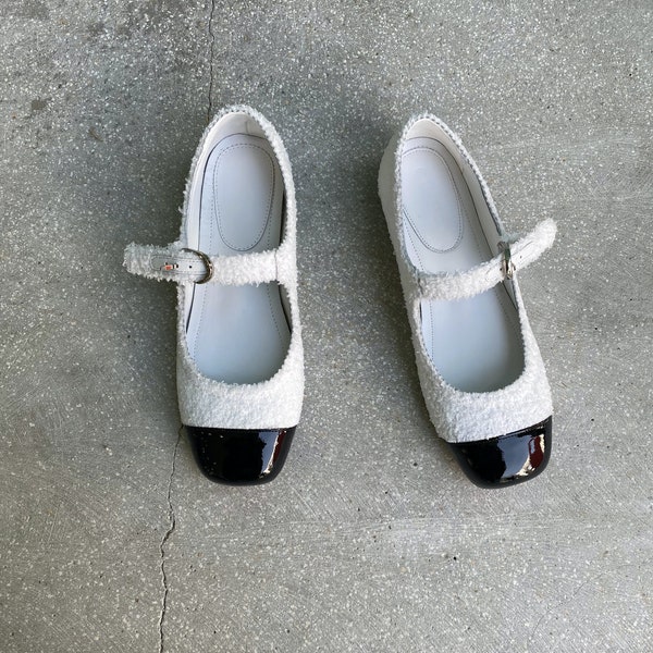 Handmade] women tweed ballet flat Mary Jane shoes leather toe cap two tone round toe