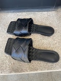 hand made women lido flat sandals slide in black intrecciato mule calf skin product logo